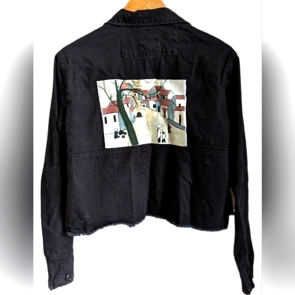HANDMADE DIY Black Cotton South-American Oversized Cropped Jean's Jacket Small - Picture 2 of 12